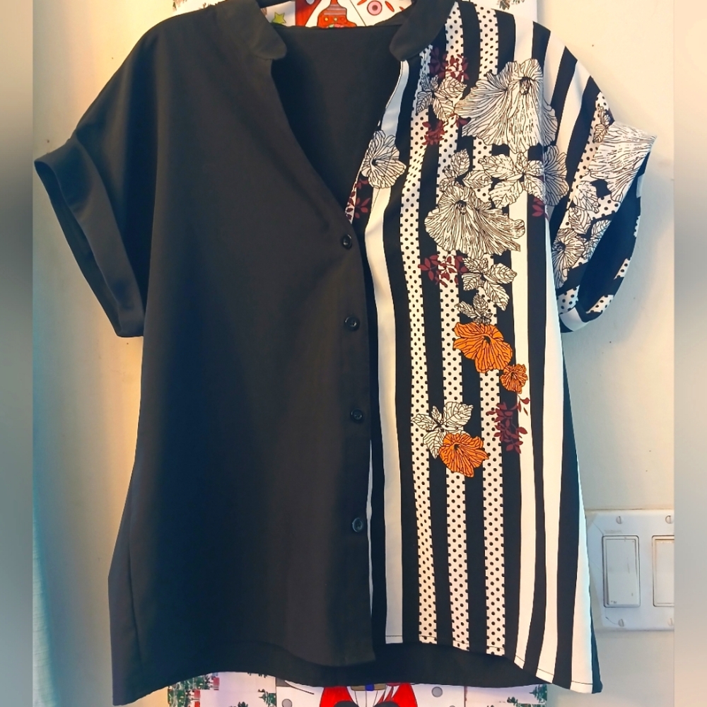 Floral Striped Black and White Women's Top